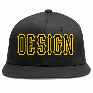 Custom Black Black-Gold Flat Eaves Sport Baseball Cap Design for Men/Women/Youth