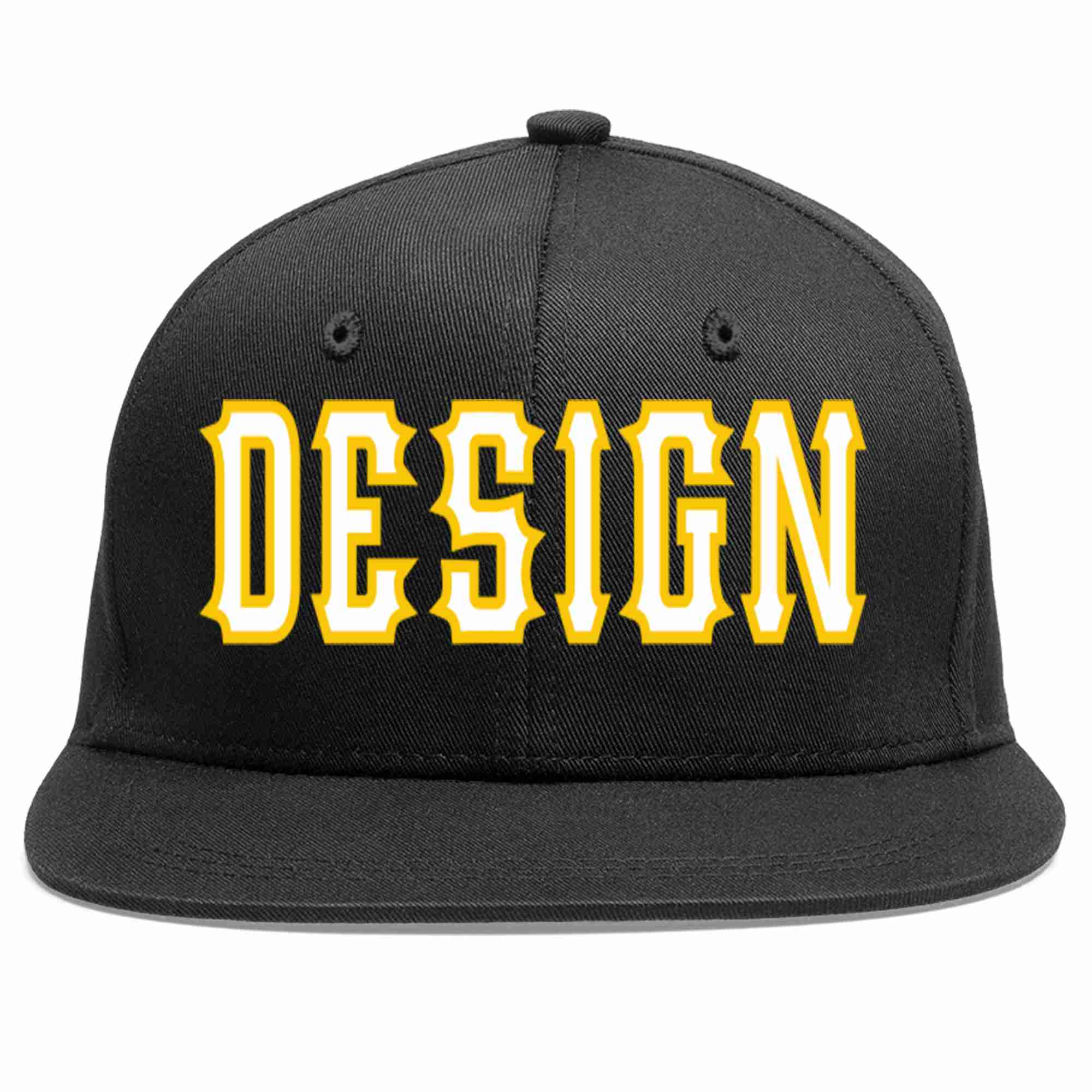 Custom Black White-Gold Flat Eaves Sport Baseball Cap Design for Men/Women/Youth