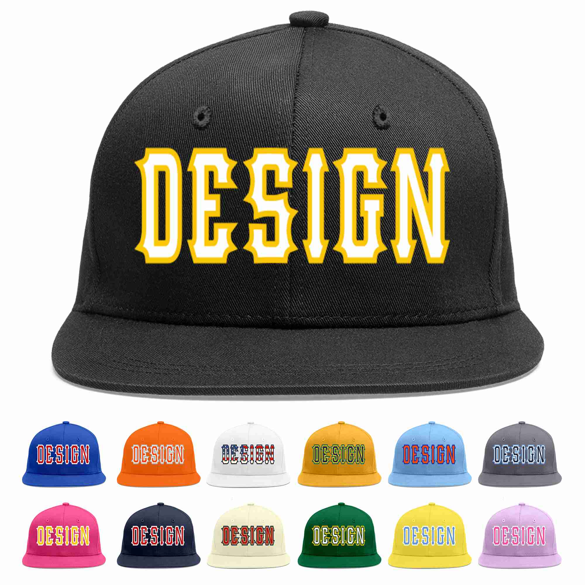 Custom Black White-Gold Flat Eaves Sport Baseball Cap Design for Men/Women/Youth