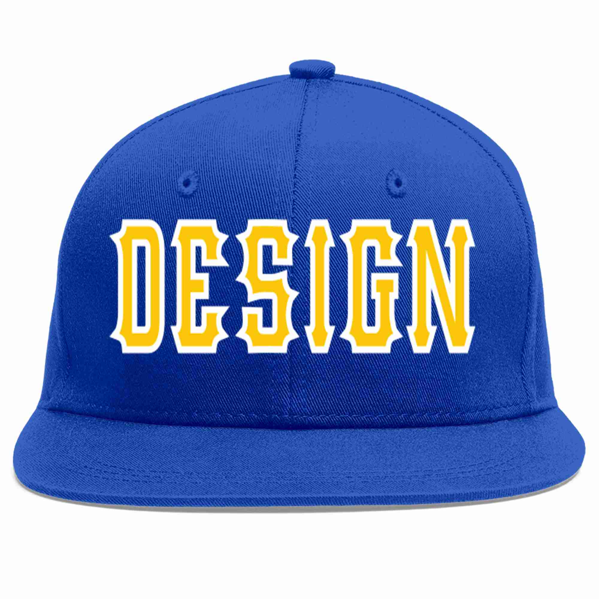 Custom Royal Gold-White Flat Eaves Sport Baseball Cap Design for Men/Women/Youth