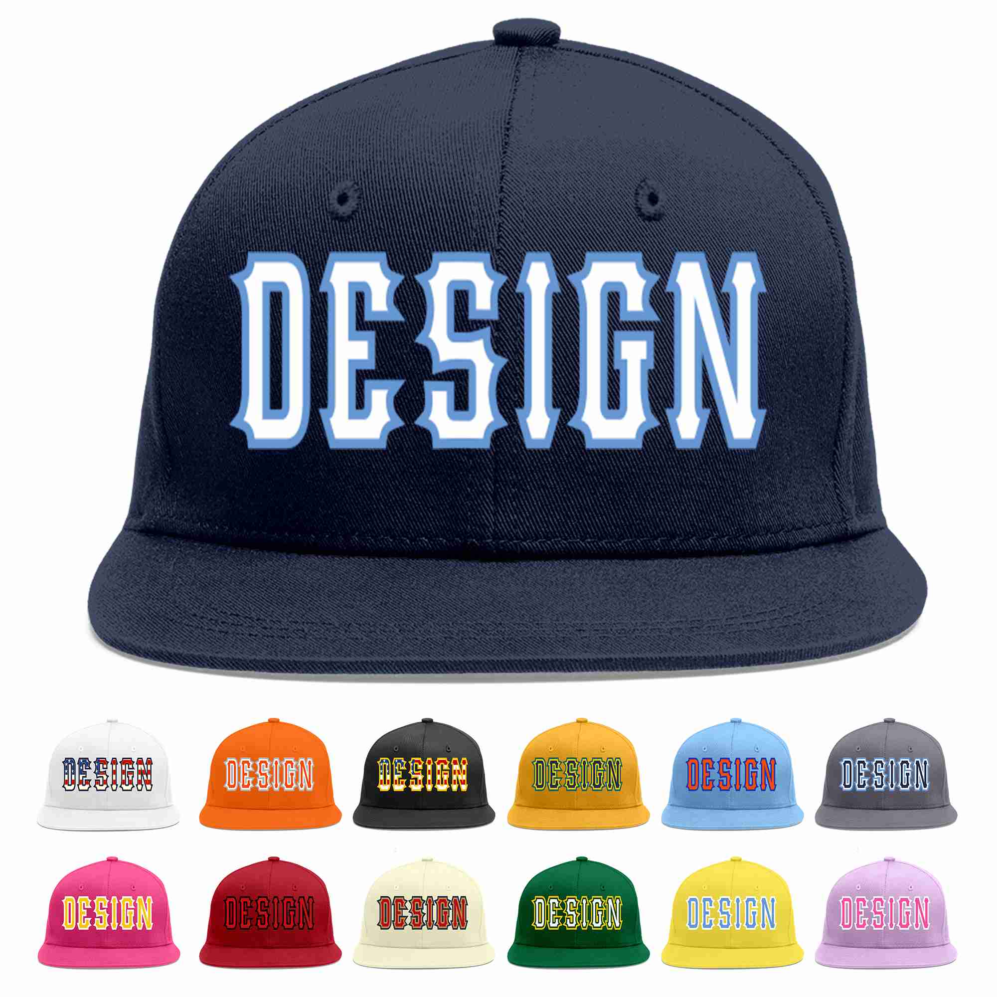 Conception personnalisée de casquette de baseball de sport à avant-toit plat bleu marine blanc-bleu clair pour hommes/femmes/jeunes