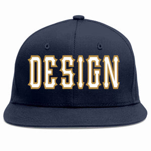 Custom Navy White-Old Gold Flat Eaves Sport Baseball Cap Design for Men/Women/Youth