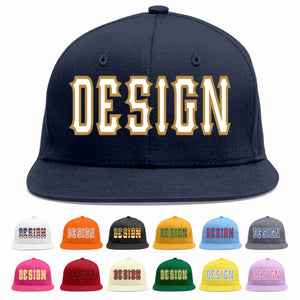 Custom Navy White-Old Gold Flat Eaves Sport Baseball Cap Design for Men/Women/Youth