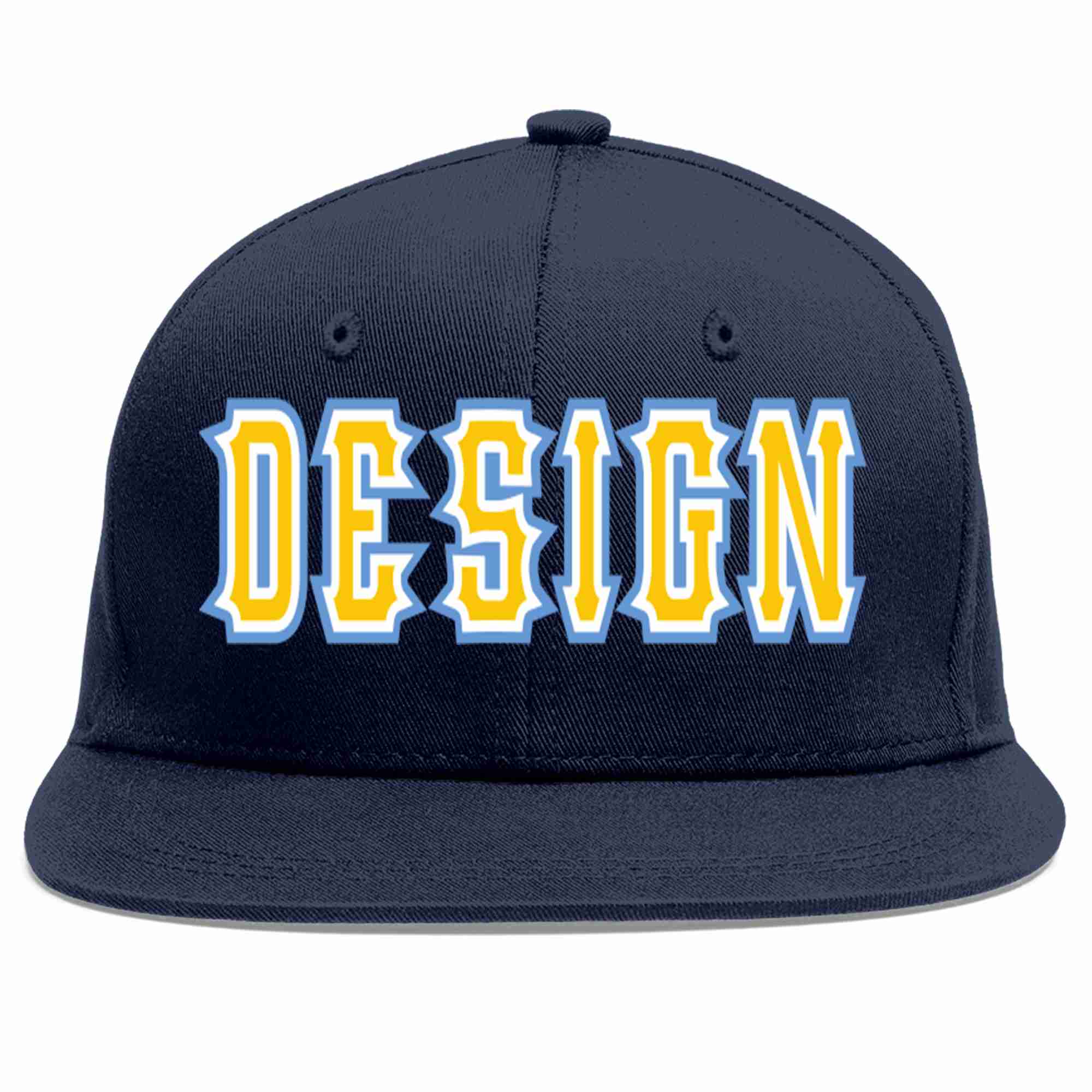 Custom Navy Gold-White Flat Eaves Sport Baseball Cap Design for Men/Women/Youth