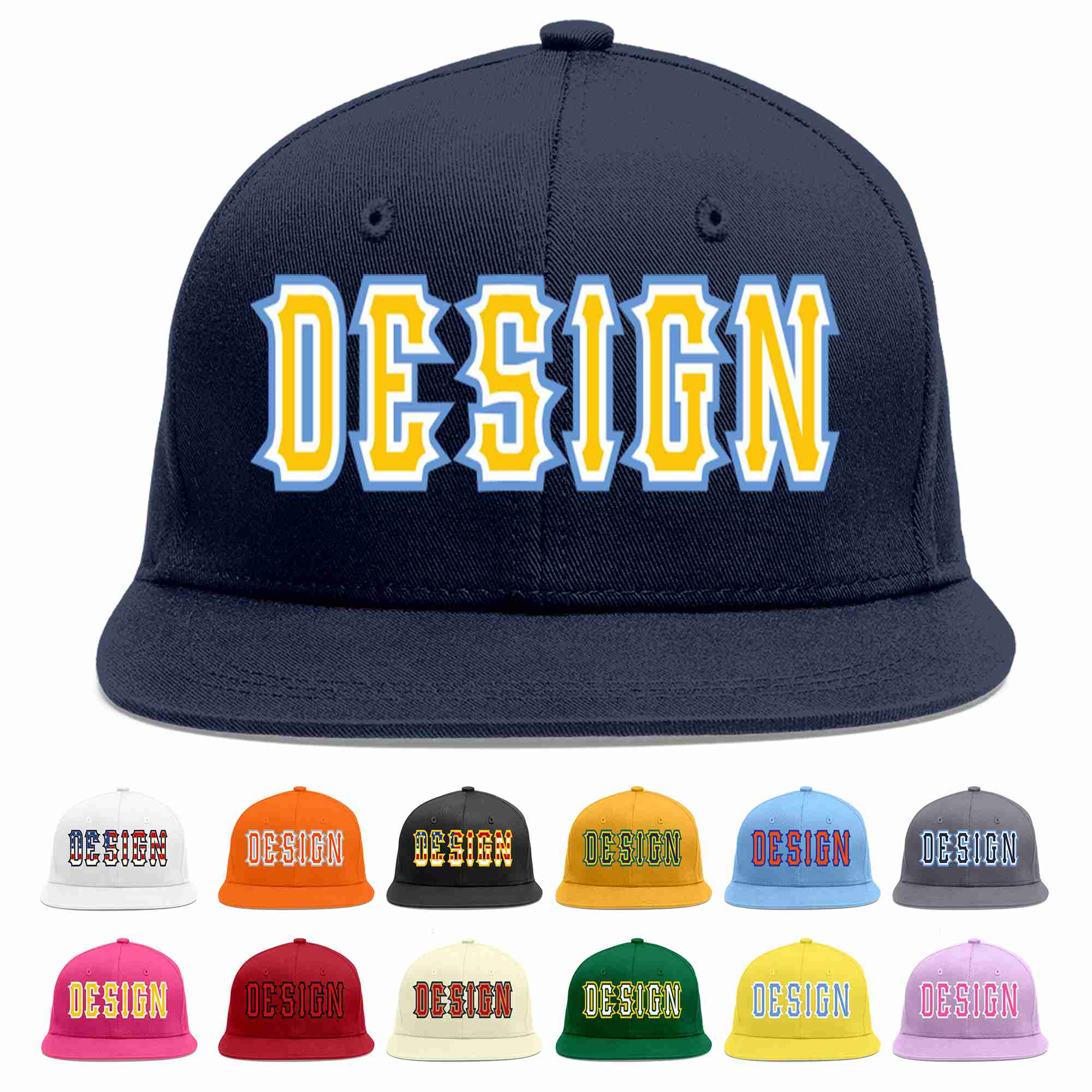 Custom Navy Gold-White Flat Eaves Sport Baseball Cap Design for Men/Women/Youth