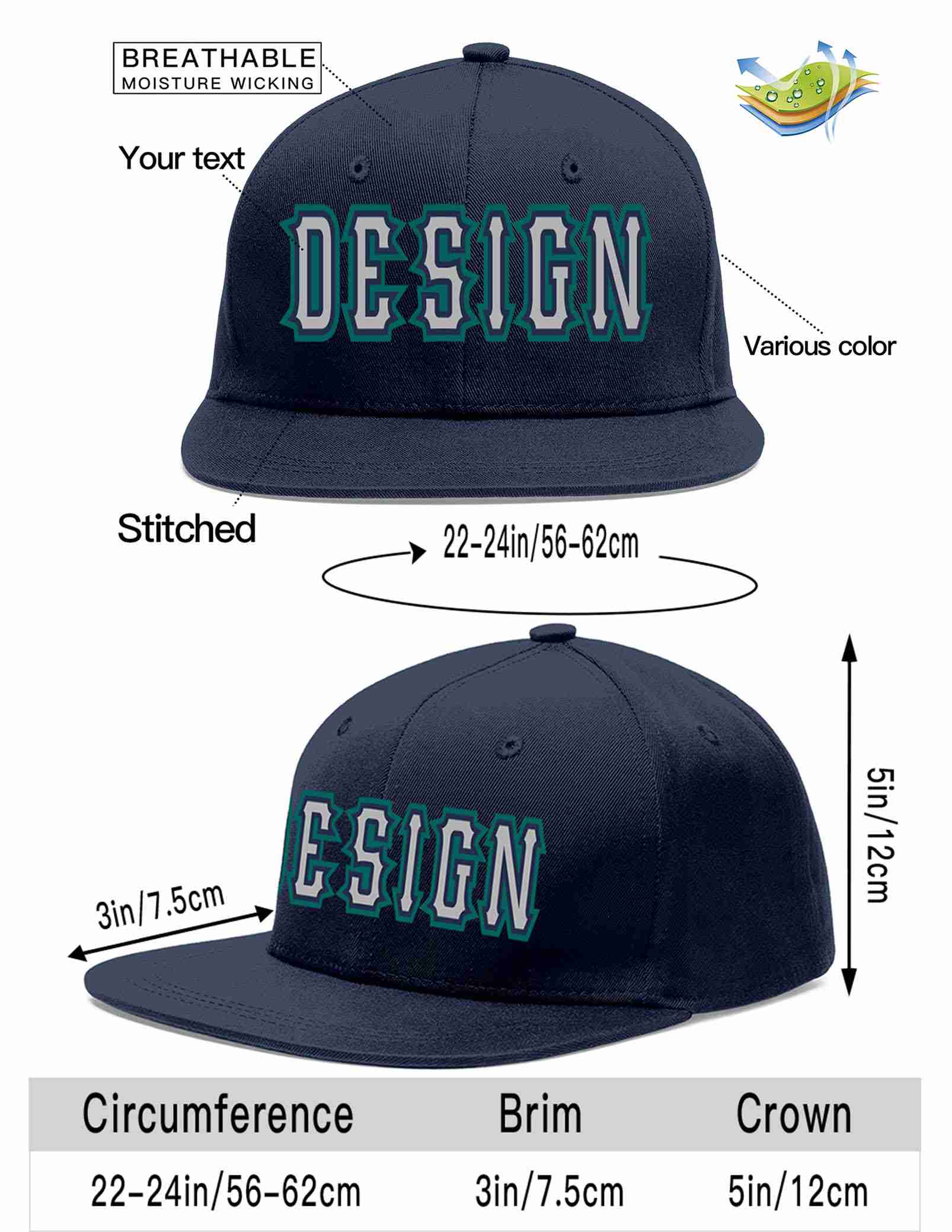 Custom Navy Gray-Navy Flat Eaves Sport Baseball Cap Design for Men/Women/Youth