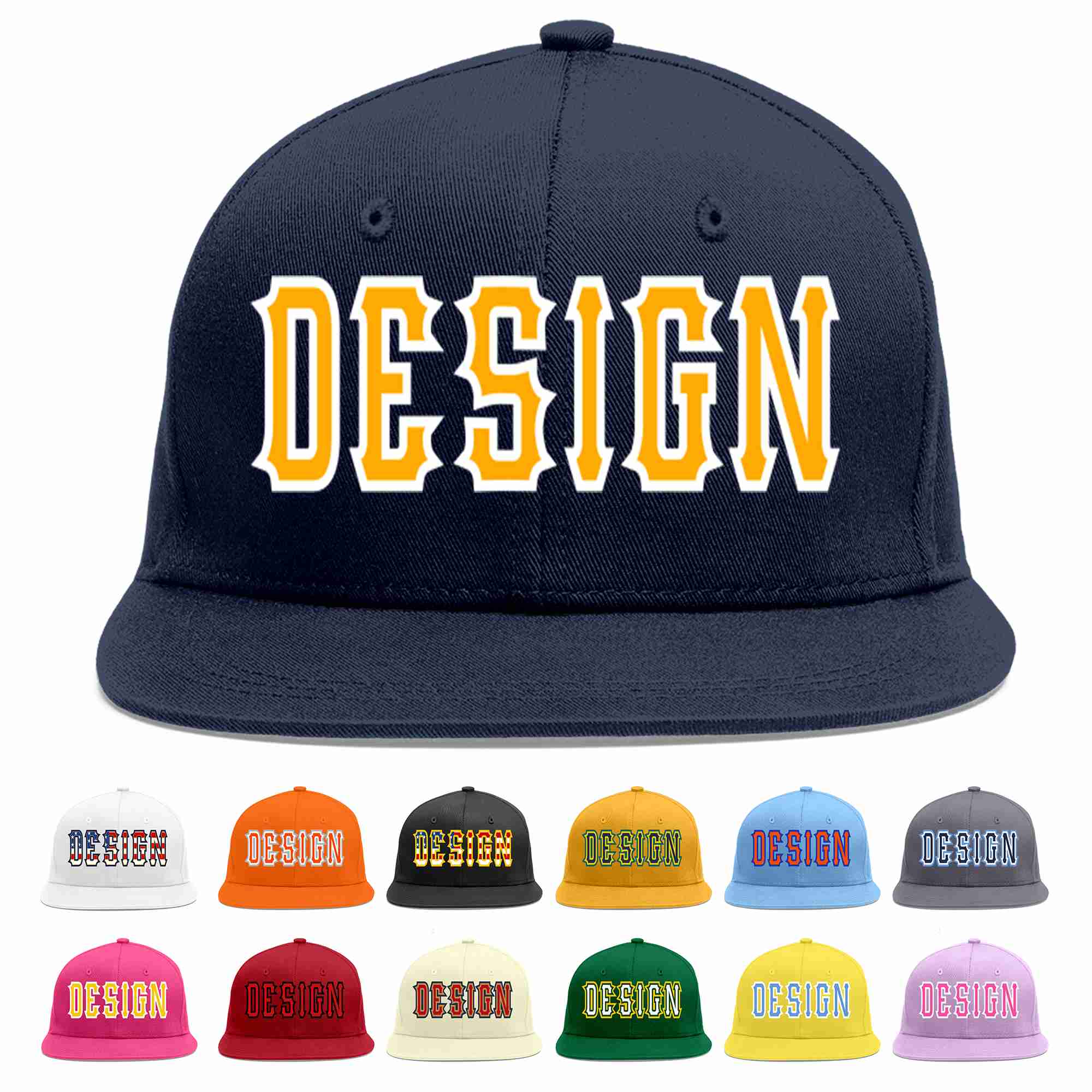 Conception personnalisée de casquette de baseball de sport à avant-toit plat jaune-blanc marine pour hommes/femmes/jeunes