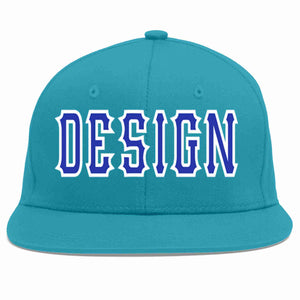 Custom Aqua Royal-White Flat Eaves Sport Baseball Cap Design for Men/Women/Youth