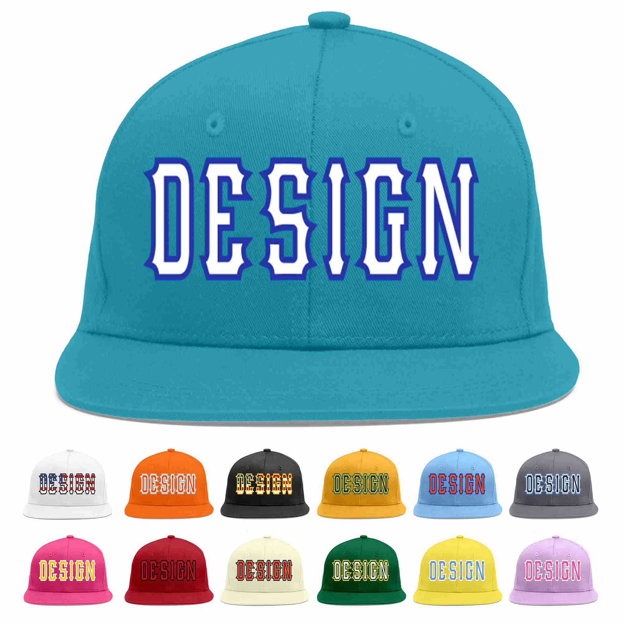 Custom Aqua White-Royal Flat Eaves Sport Baseball Cap Design for Men/Women/Youth