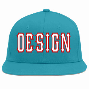 Custom Aqua White-Red Flat Eaves Sport Baseball Cap Design for Men/Women/Youth