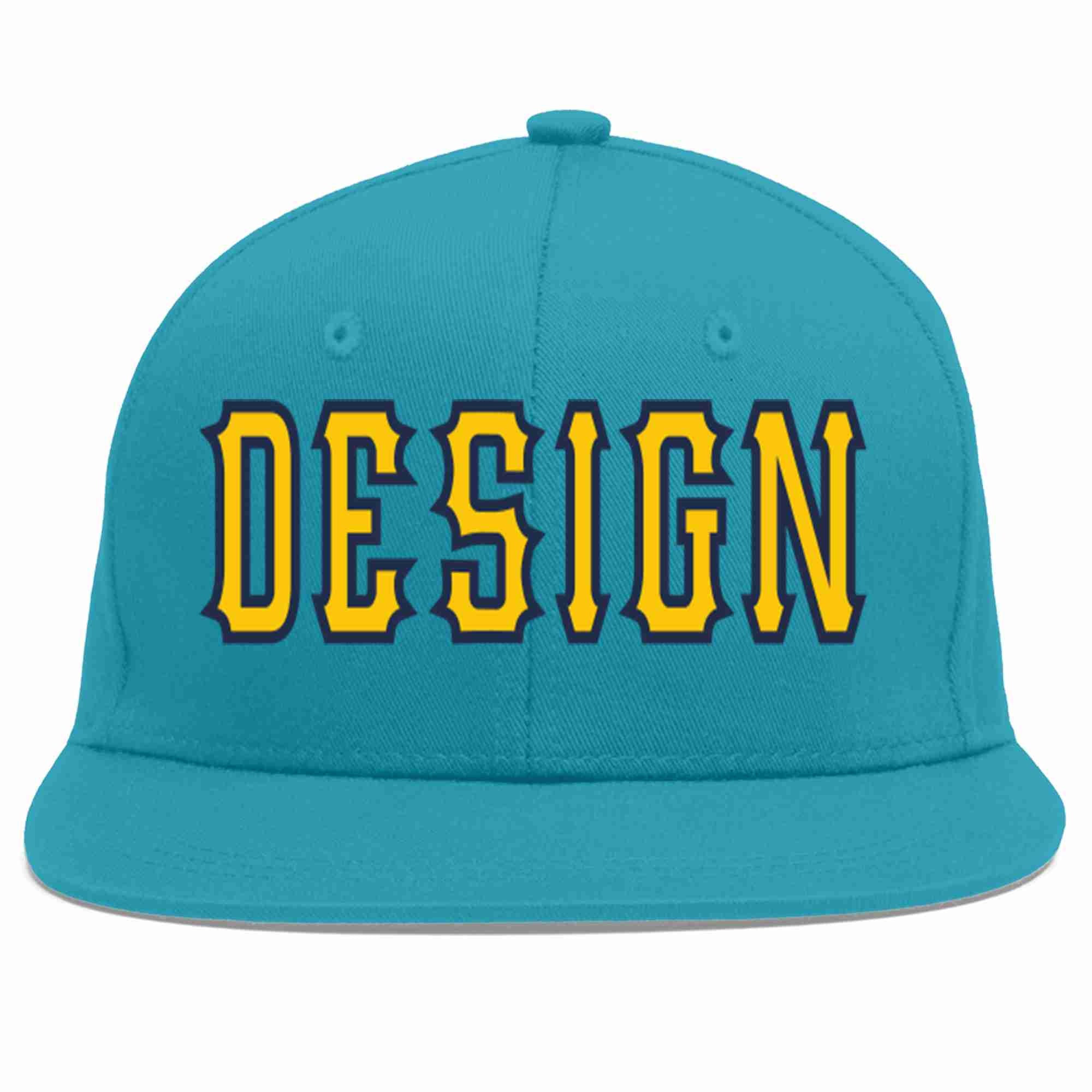 Custom Aqua Gold-Navy Flat Eaves Sport Baseball Cap Design for Men/Women/Youth