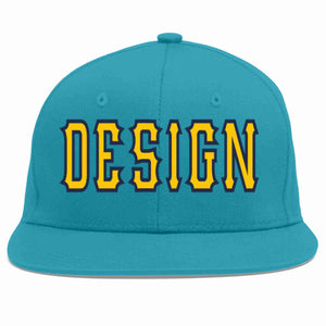 Custom Aqua Gold-Navy Flat Eaves Sport Baseball Cap Design for Men/Women/Youth