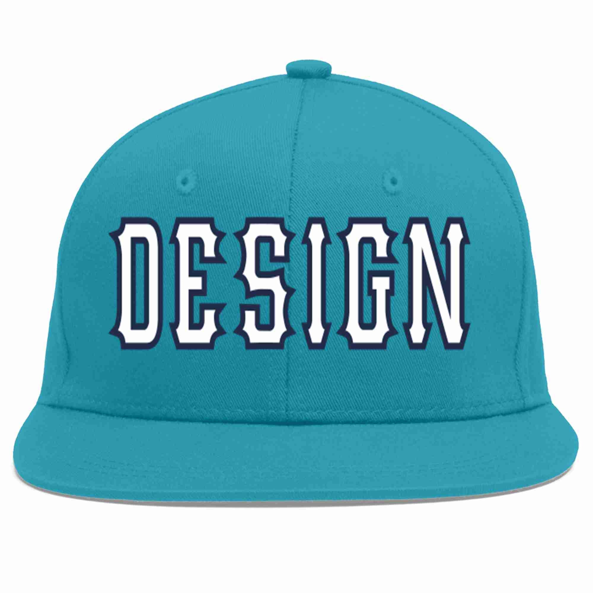 Custom Aqua White-Navy Flat Eaves Sport Baseball Cap Design for Men/Women/Youth