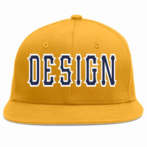 Custom Gold Navy-White Flat Eaves Sport Baseball Cap Design for Men/Women/Youth