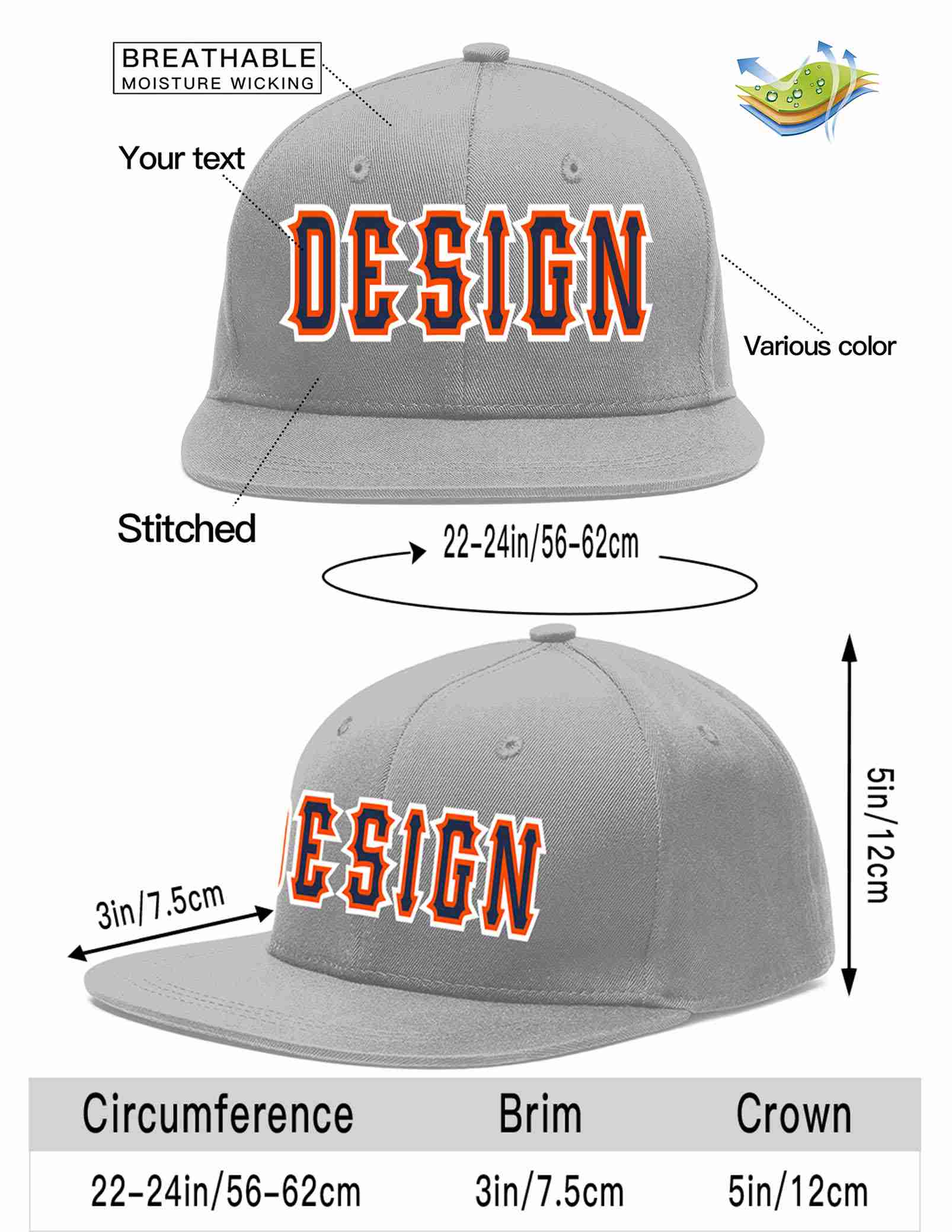 Custom Gray Navy-Orange Flat Eaves Sport Baseball Cap Design for Men/Women/Youth