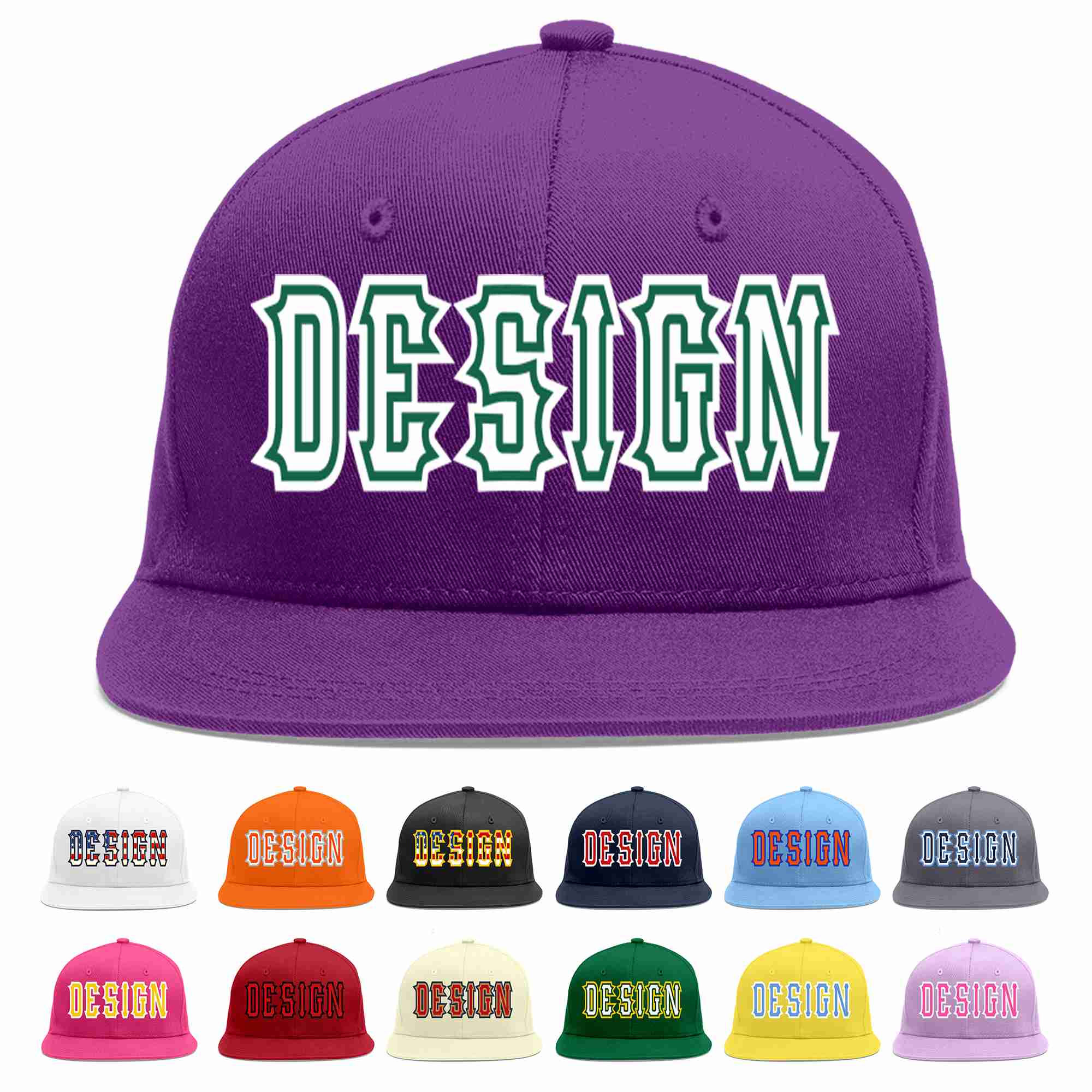 Conception personnalisée de casquette de baseball de sport à avant-toit plat violet blanc-vert Kelly pour hommes/femmes/jeunes