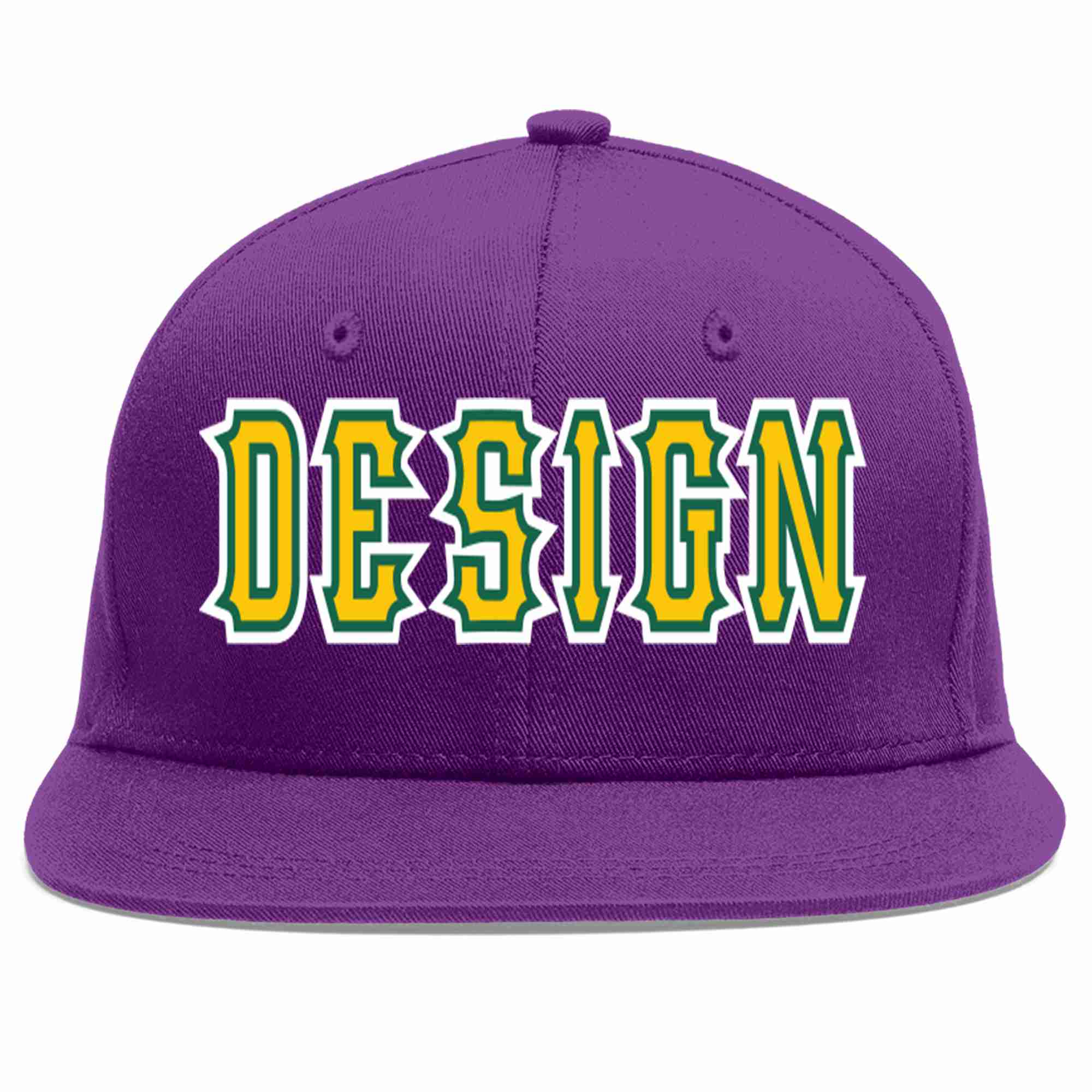 Conception personnalisée de casquette de baseball de sport à avant-toit plat violet or-kelly vert pour hommes/femmes/jeunes