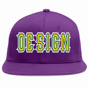 Custom Purple Gold-Kelly Green Flat Eaves Sport Baseball Cap Design for Men/Women/Youth