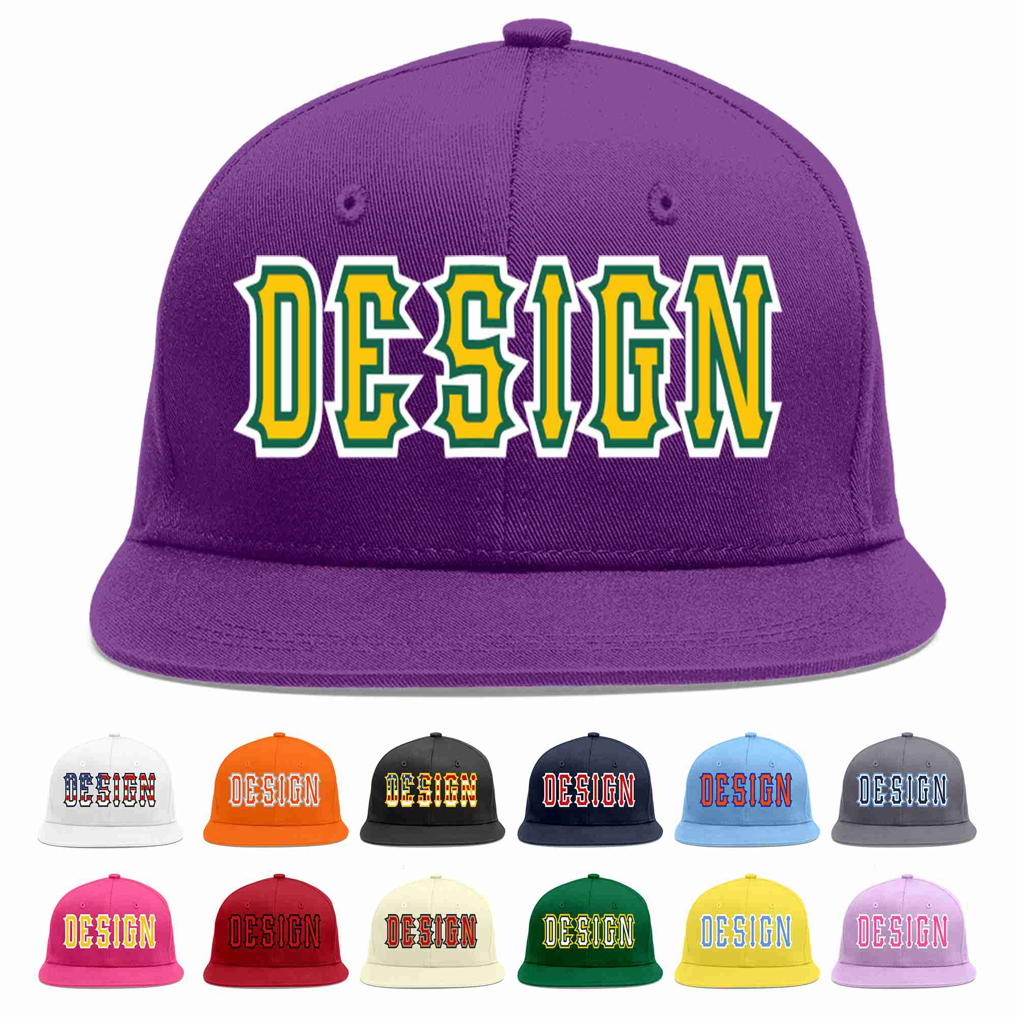 Conception personnalisée de casquette de baseball de sport à avant-toit plat violet or-kelly vert pour hommes/femmes/jeunes