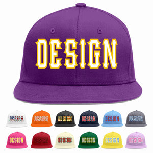 Custom Purple White-Gold Flat Eaves Sport Baseball Cap Design for Men/Women/Youth