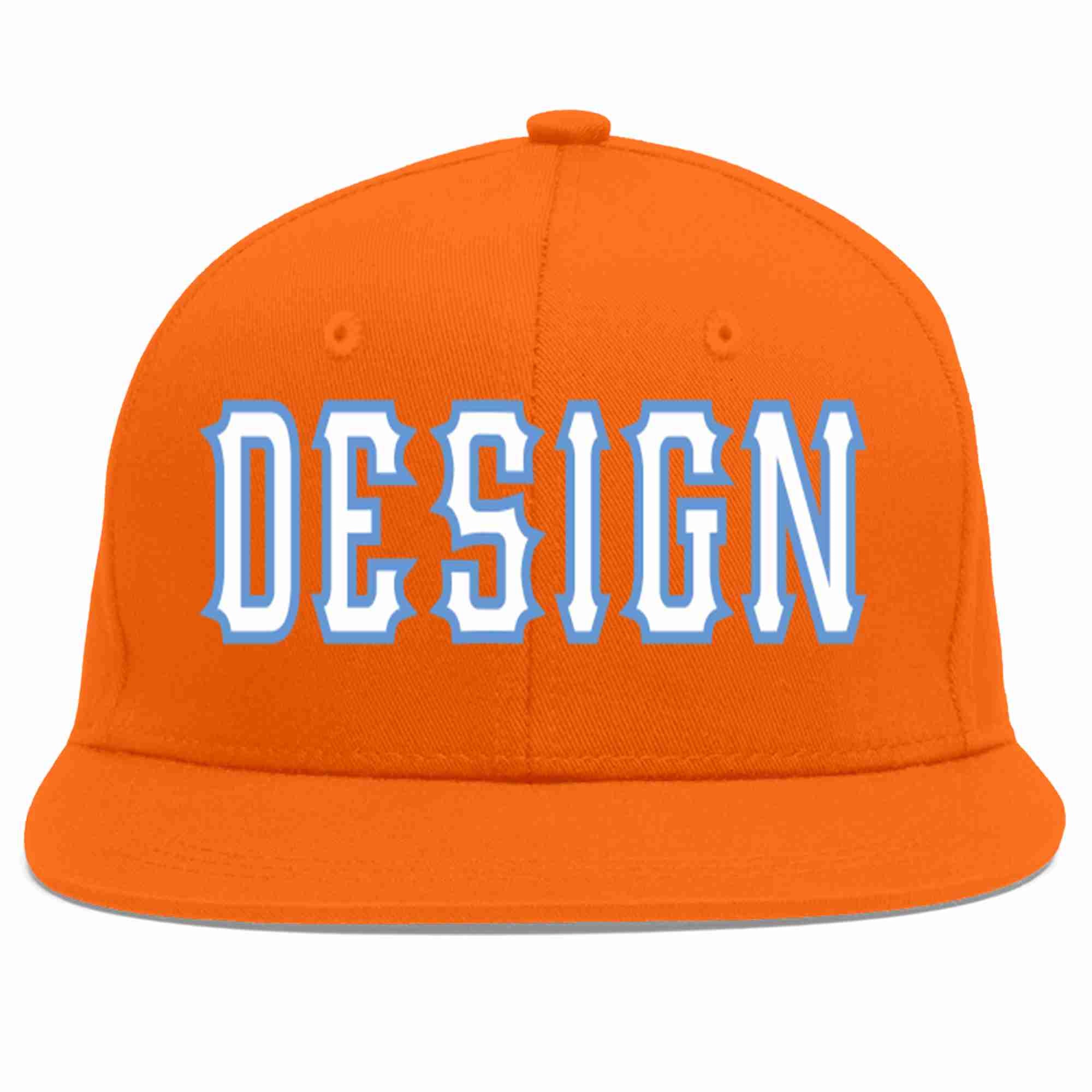 Custom Orange White-Light Blue Flat Eaves Sport Baseball Cap Design for Men/Women/Youth