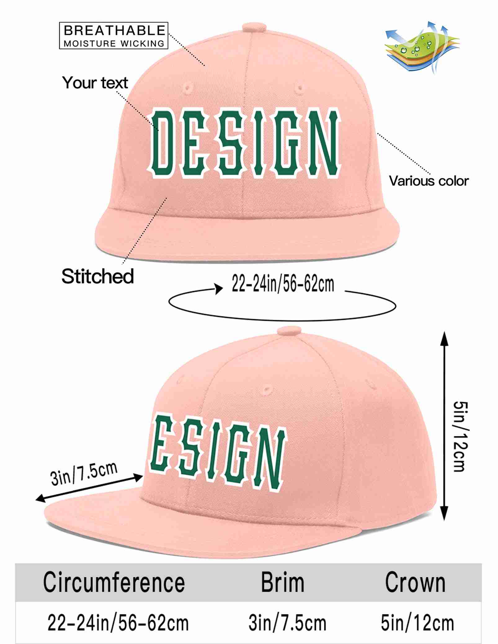 Custom Pink Kelly Green-White Flat Eaves Sport Baseball Cap Design for Men/Women/Youth