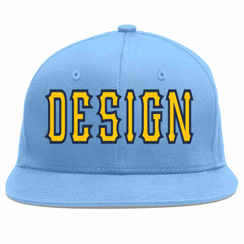 Custom Light Blue Gold-Navy Flat Eaves Sport Baseball Cap Design for Men/Women/Youth