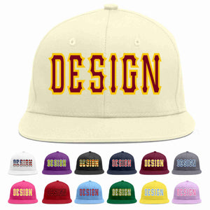 Custom Cream Crimson-Gold Flat Eaves Sport Baseball Cap Design for Men/Women/Youth