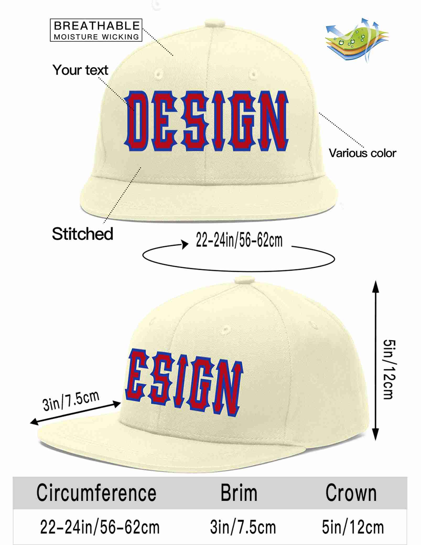 Custom Cream Red-Royal Flat Eaves Sport Baseball Cap Design for Men/Women/Youth