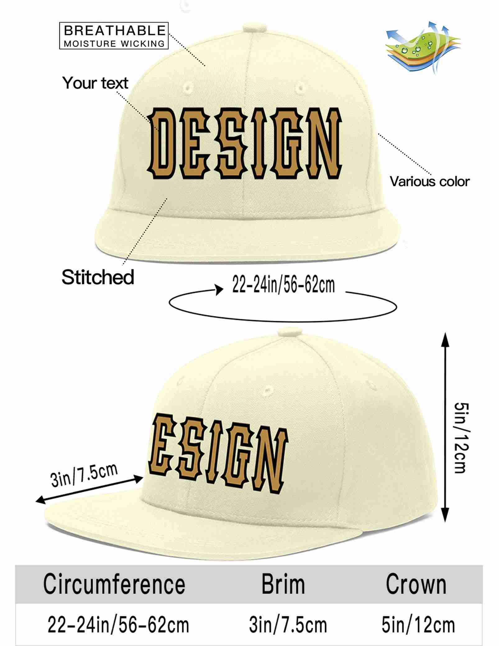 Custom Cream Old Gold-Black Flat Eaves Sport Baseball Cap Design for Men/Women/Youth