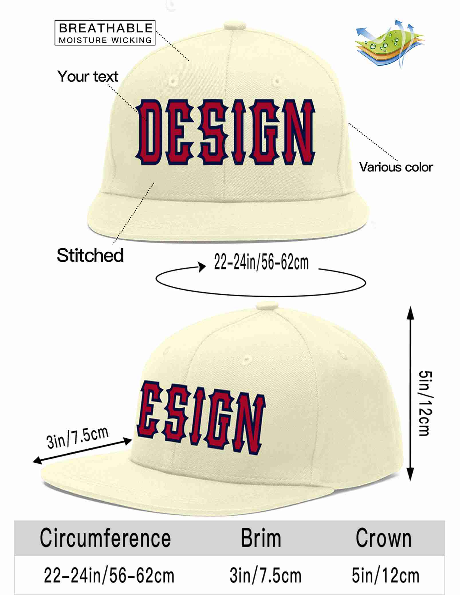 Custom Cream Red-Navy Flat Eaves Sport Baseball Cap Design for Men/Women/Youth