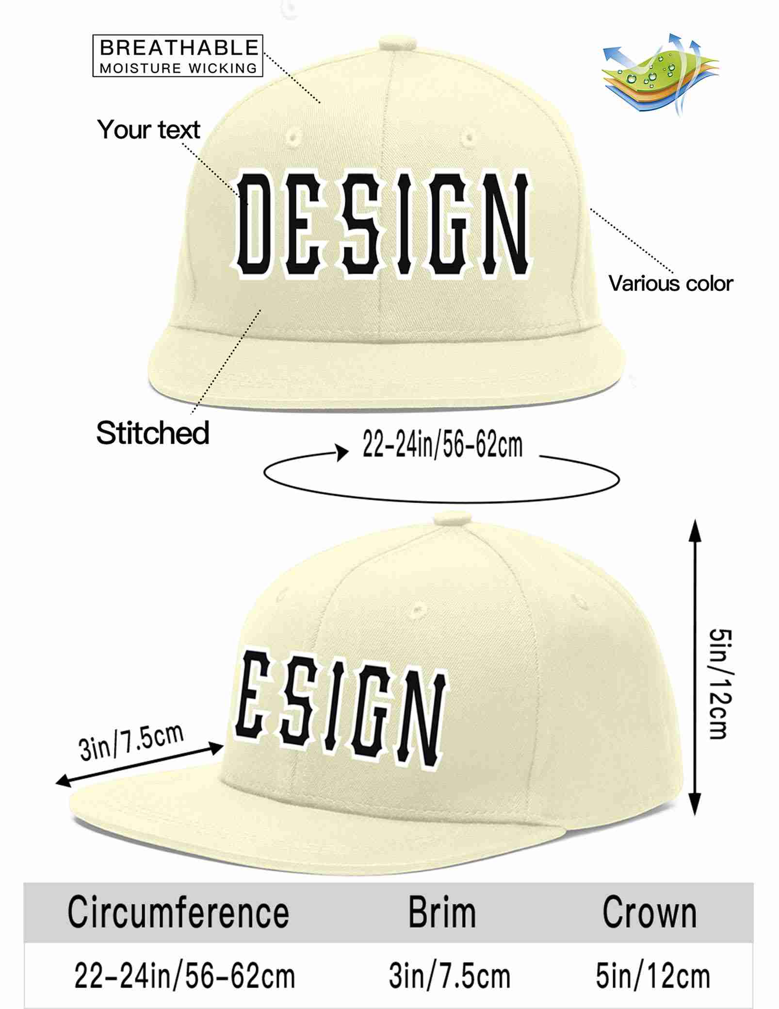 Custom Cream Black-White Flat Eaves Sport Baseball Cap Design for Men/Women/Youth