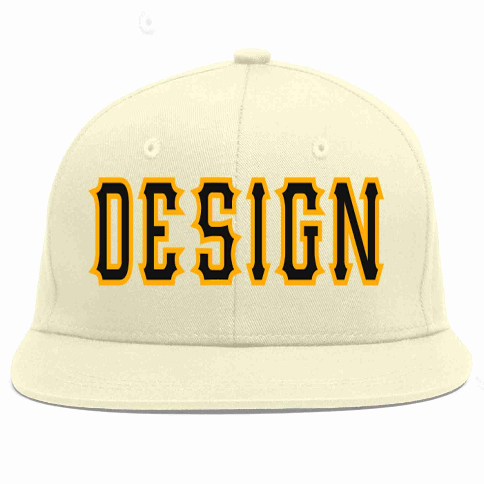 Custom Cream Black-Yellow Flat Eaves Sport Baseball Cap Design for Men/Women/Youth