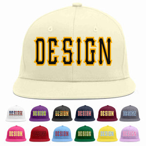 Custom Cream Black-Yellow Flat Eaves Sport Baseball Cap Design for Men/Women/Youth