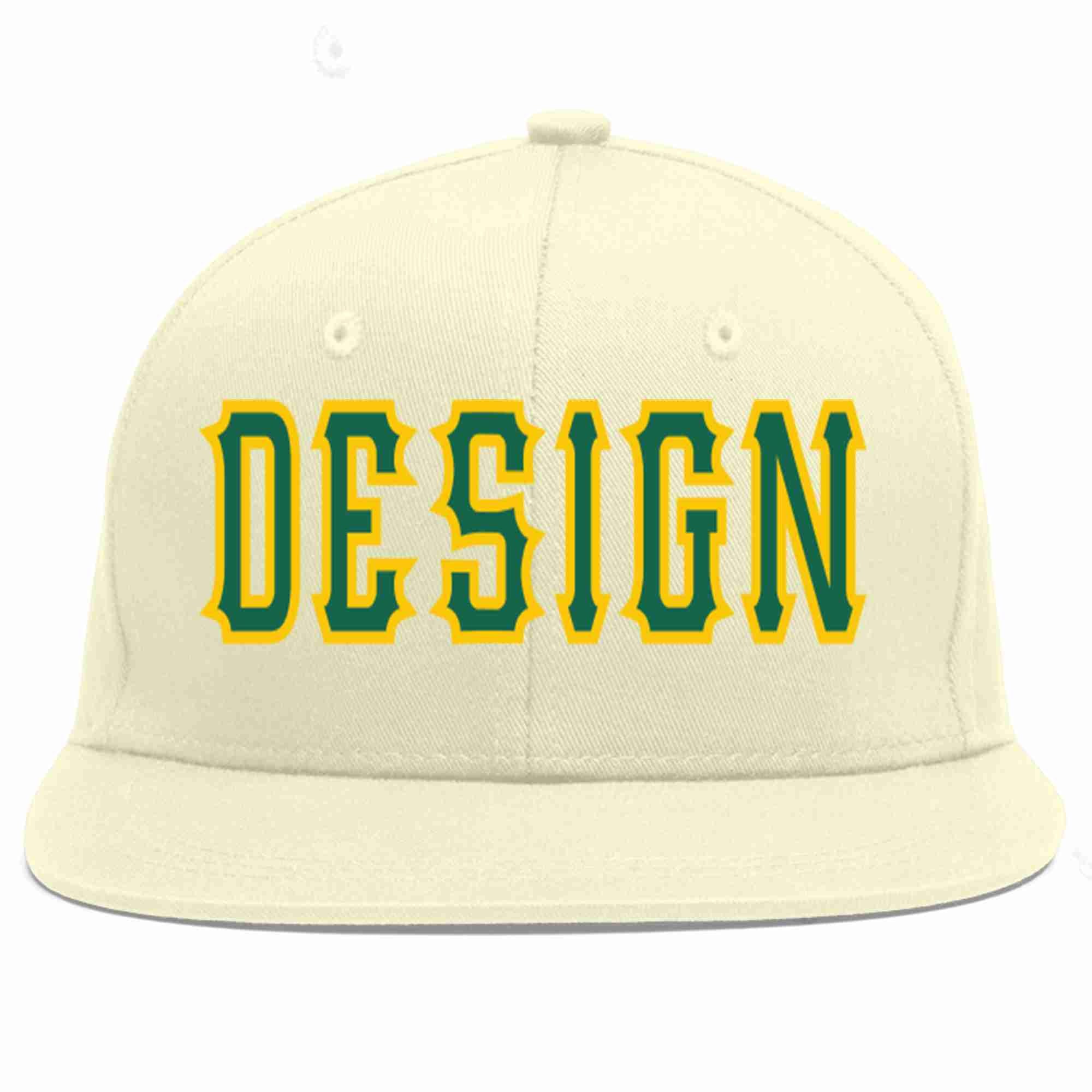 Custom Cream Kelly Green-Gold Flat Eaves Sport Baseball Cap Design for Men/Women/Youth