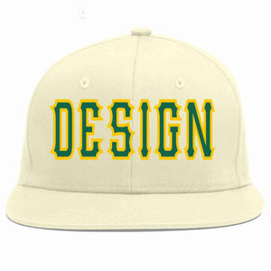 Custom Cream Kelly Green-Gold Flat Eaves Sport Baseball Cap Design for Men/Women/Youth