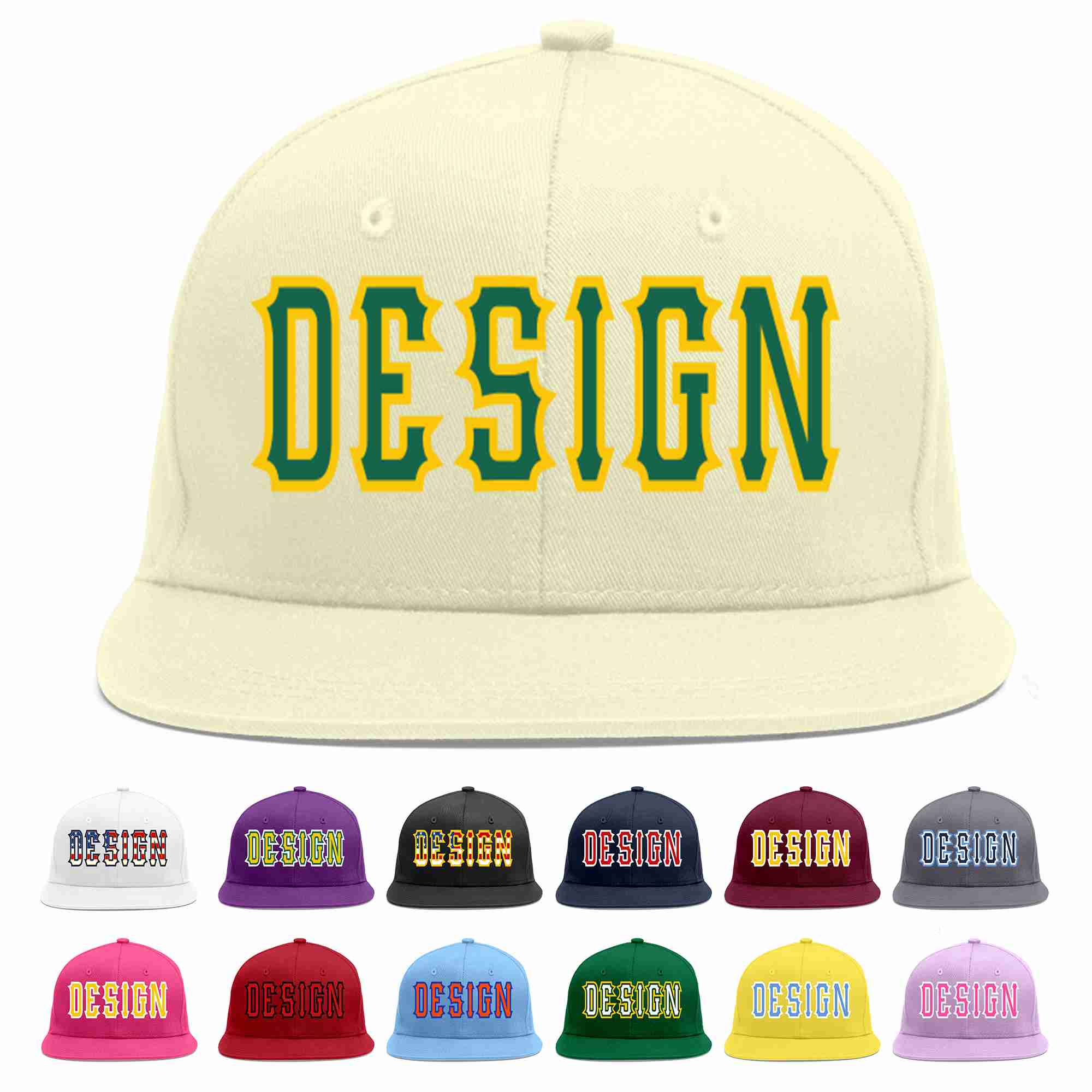 Custom Cream Kelly Green-Gold Flat Eaves Sport Baseball Cap Design for Men/Women/Youth