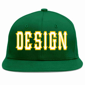 Conception personnalisée de casquette de baseball de sport à avant-toit plat vert blanc-or pour hommes/femmes/jeunes