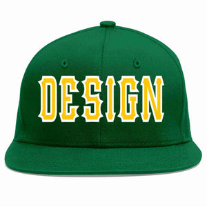 Conception personnalisée de casquette de baseball de sport à avant-toit plat vert or-blanc pour hommes/femmes/jeunes