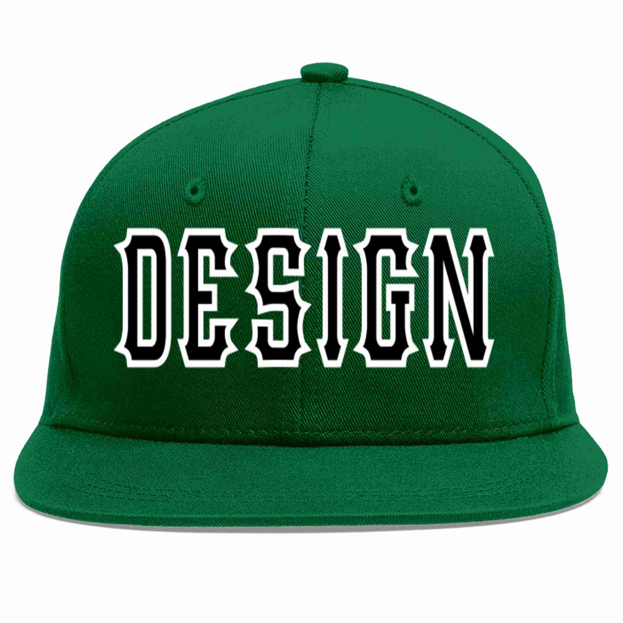 Conception personnalisée de casquette de baseball de sport à avant-toit plat vert noir-blanc pour hommes/femmes/jeunes