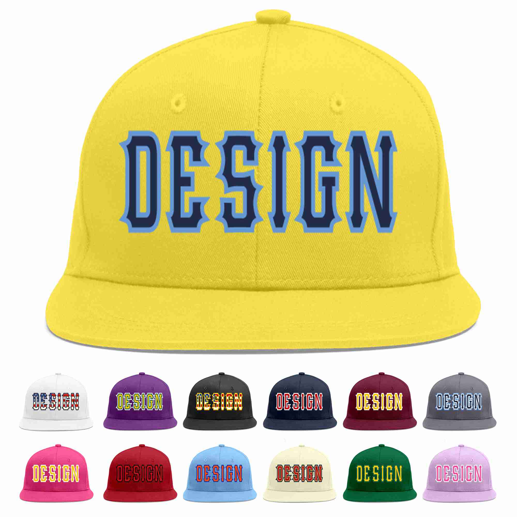 Custom Light Gold Navy-Light Blue Flat Eaves Sport Baseball Cap Design for Men/Women/Youth