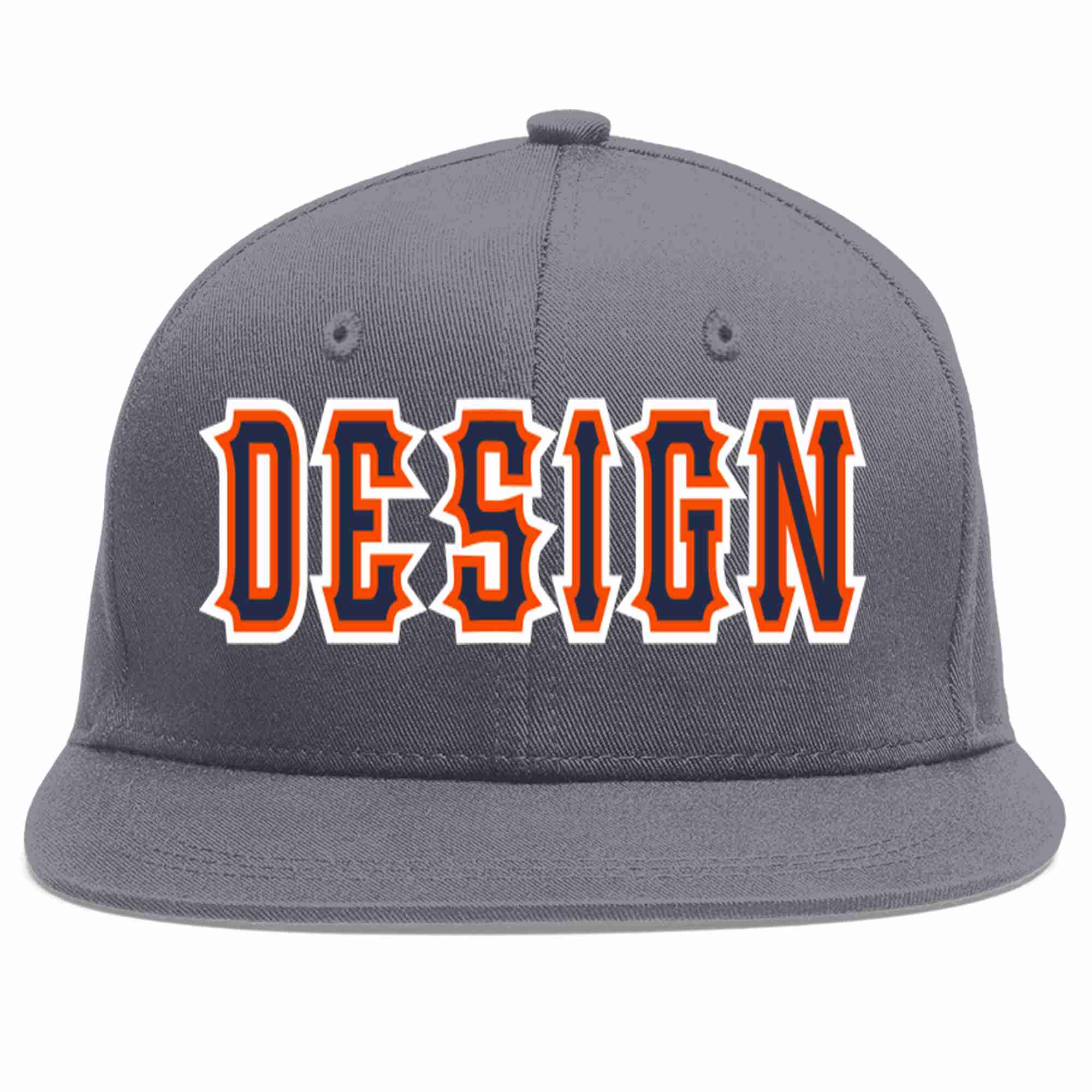 Custom Dark Gray Navy-Orange Flat Eaves Sport Baseball Cap Design for Men/Women/Youth