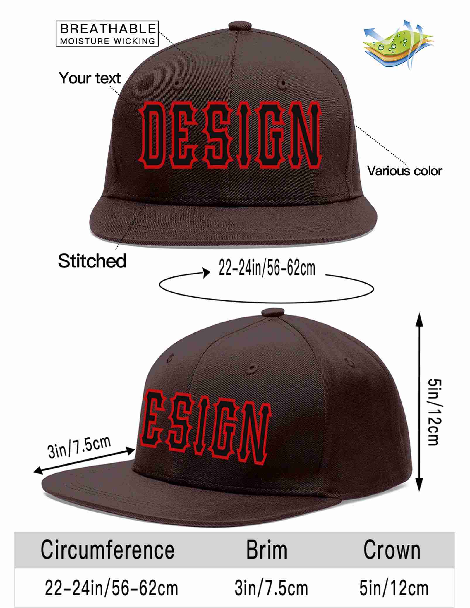 Custom Brown Black-Red Flat Eaves Sport Baseball Cap Design for Men/Women/Youth