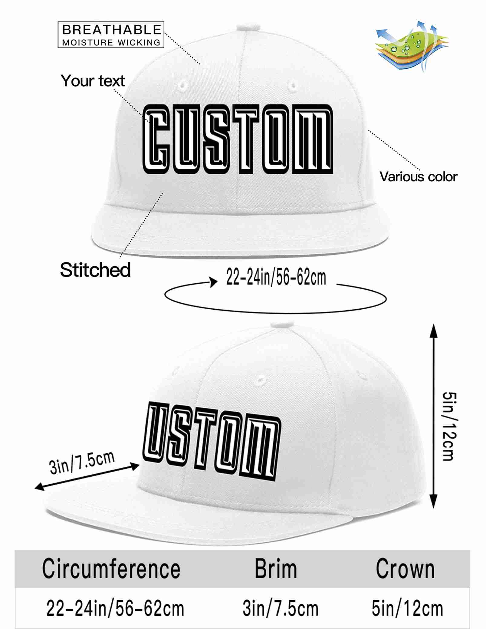 Custom White White-Black Casual Sport Baseball Cap