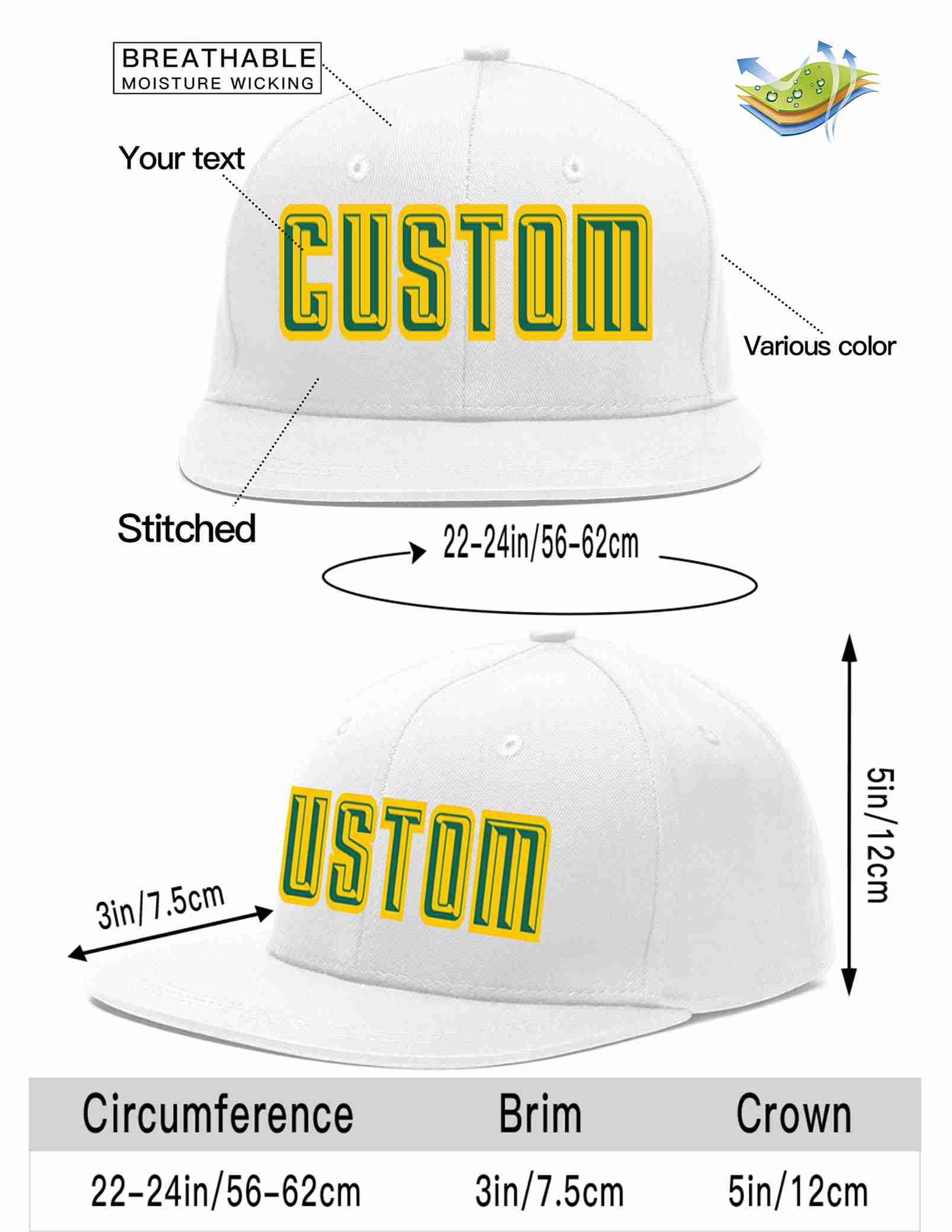 Custom White Kelly Green-Gold Casual Sport Baseball Cap