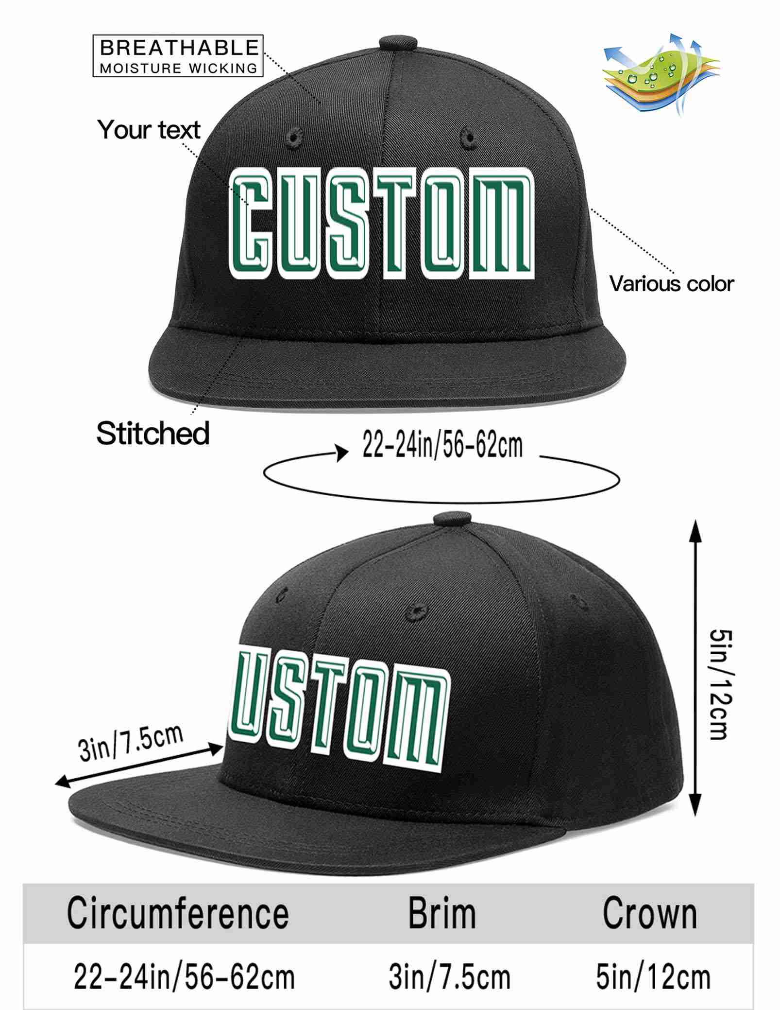 Custom Black Kelly Green-White Casual Sport Baseball Cap