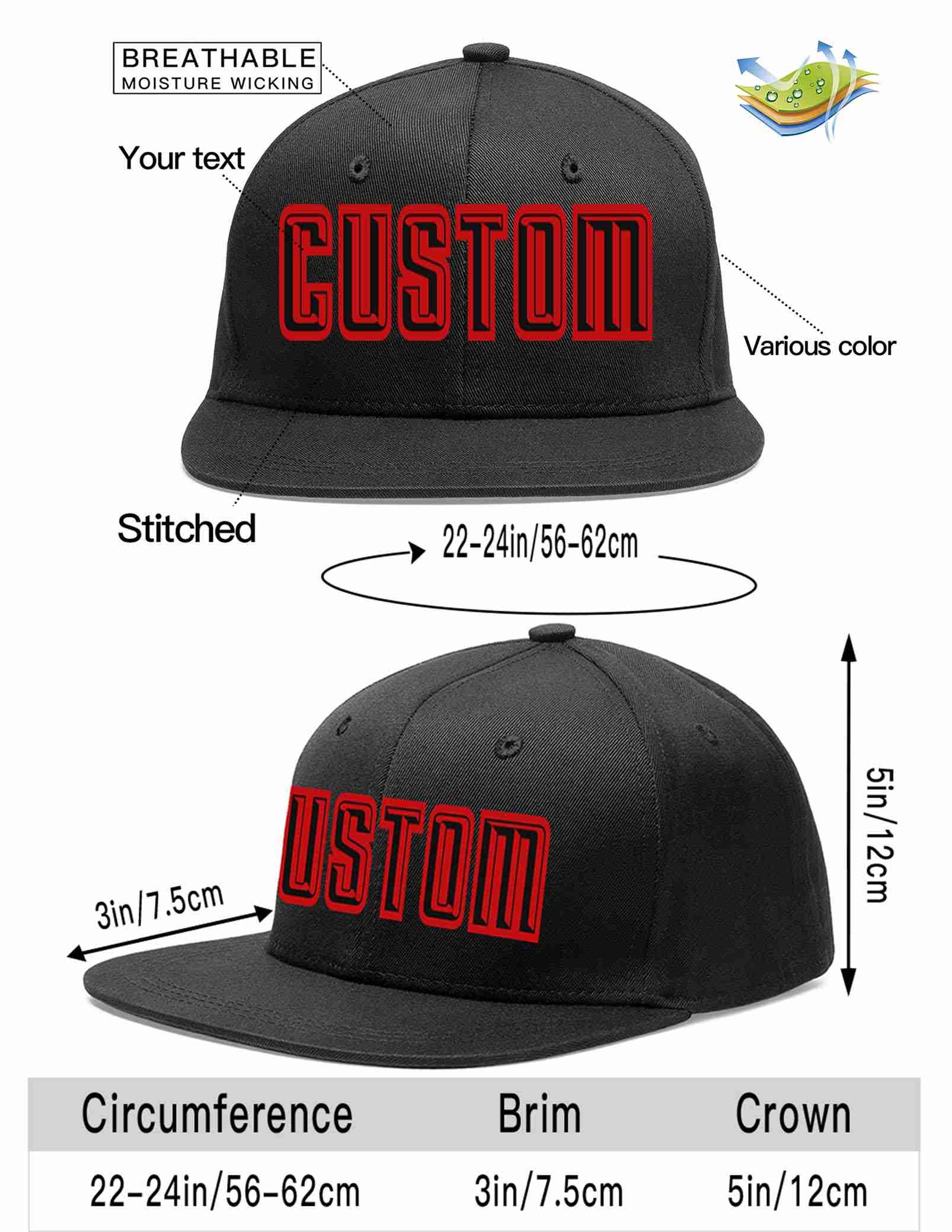 Custom Black Black-Red Casual Sport Baseball Cap