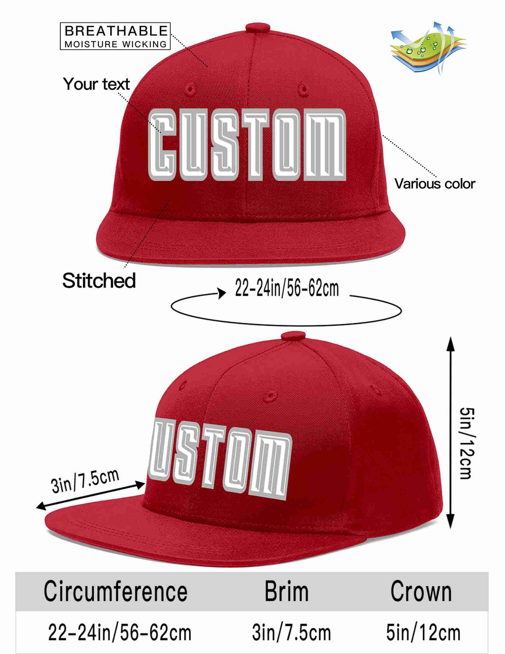 Custom Red White-Gray Casual Sport Baseball Cap