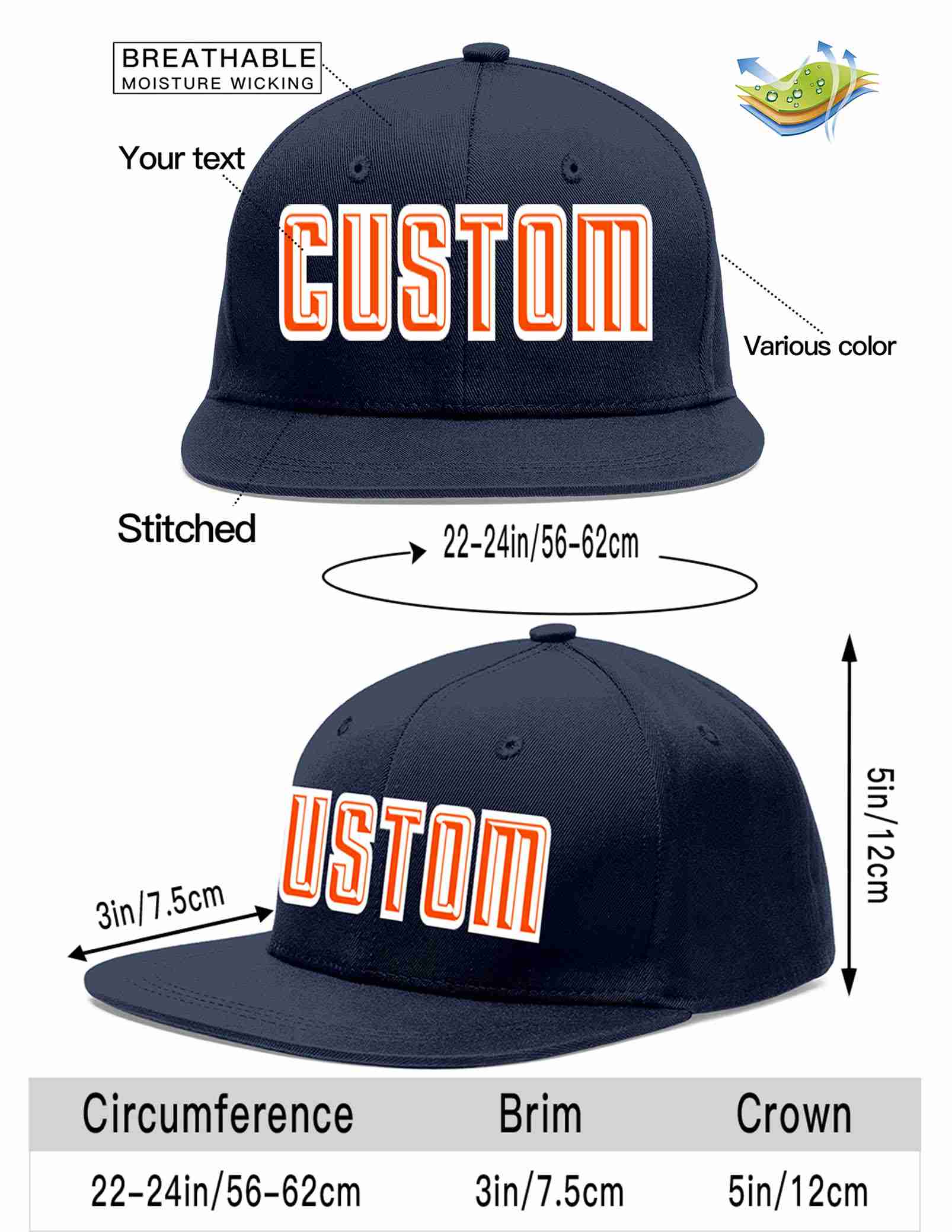 Custom Navy Orange-White Casual Sport Baseball Cap