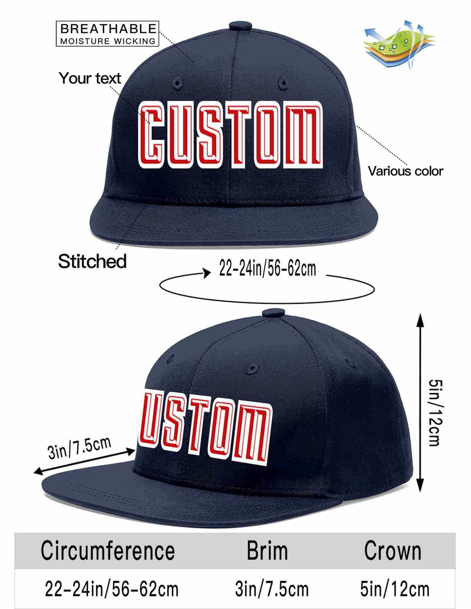 Custom Navy Red-White Casual Sport Baseball Cap